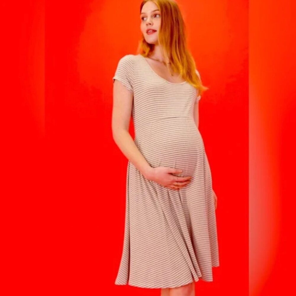 The Nines by Hatch Striped Knit Midi Maternity Jersey SwingDress XS Beige Navy